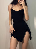 Yipinpay Dark Gothic Sexy Black Dress Women Streetwear Aesthetic Y2k Spaghetti Strap Lace Patchwork Irregular Hem Dress Female