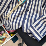 yipinpay Blue Stripe Shirt Women's Blouse Chic Embroidery Design Long Sleeves Casual Tops Fashion Vintage Button Femmes Shirts