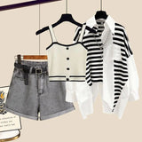 Yipinpay Women's Summer New in Matching Set Korean Elegant Stripe Sunscreen Shirt Tank Top Denim Shorts Three Piece Female Clothing Suit