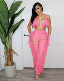 Yipinpay Women's Sexy Solid Color Fringe Knitted Halter Cup Cover And Cutout Trousers Two-Piece Set Summer Fashion Trend Trouser Suit