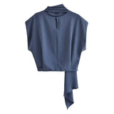 Yipinpay Blue Crop Top Women Pleated Summer Blouses Woman 2023 Tie High Neck Short Sleeve Blouse Female Elegant Chic Woman Blouse