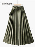 yipinpay Autumn Winter Skirt Women With Belt Long Metallic Silver Maxi Pleated Skirt Midi High Waist Fashion Vintage Saia Party