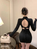Yipinpay Knitted Dresses Women Sexy Half High Collar Bandage Backless Slim Stretch Basic Dress Elegant Bottoming Fashion