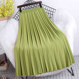 Yipinpay Women Pleated Skirt Solid Color Casual Slim A-line Fashion Elastic Waist Midi Skirts Girls White Green Spring Summer