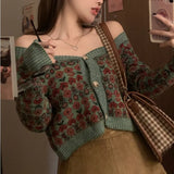 Yipinpay Sexy Retro Square Floral Cropped Cardigan Knitted Top Slim Pull Femme Jumpers Single-breasted Jacquard Sweater Coat