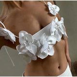 Yipinpay Flower Lace-up Spaghetti Strap Top Women White Backless Sleeveless Crop Tops 2024 Spring Summer Fashion Ladies New Sexy Vest