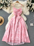 Yipinpay Spaghetti Strap Hollow Out Sexy Long Dress Women Sleeveless Elastic Vacation Chiffon Floral Print Beach Sundress