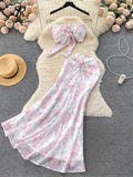 Yipinpay Vacation Beach Style Two Pieces Suits Strapless Halter Chain Mini Tank+Bodycon Fishtail Skirt Fashion Floral Sexy Sets