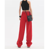yipinpay Women's Clothing Red Jeans Vintage Casual Straight Self Cultivation Wide Leg Pants High Waist Baggy Denim Trouser Ladies Summer