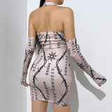 Yipinpay Female Hollow Out Dress Floral Print Halterneck Sleeveless Fashion With Oversleeves For Ladies Party Club Clothes S M L