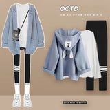 Yipinpay Women's 2024 Autumn New Matching Set Korean Elegant Hoodie Knitted Coat+Long Sleeve+Shark Pants Three Piece Female Clothing Suit