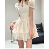 yipinpay Dress Women Summer New Sexy Puff Short Sleeves Short Skirt Black Fashion Gothic Streetwear Design Fishbone Skirt Dress