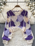 Yipinpay Fashion Casual Loose Blouse Women O Neck Hook Flower Hollow Long Sleeved Tassel Design Autumn Streetwear Knitting Top