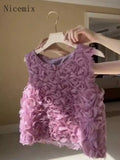 Yipinpay Fashion Women Clothing Romantic Retro Style Round Neck Summer Tank Purple 3D Flower Loose Sleeveless T-shirt Women Top