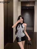 Yipinpay Elegant Shirts Women Sleeveless Halter Bowknot Ruffles Patchwork Slim Summer Fashion Sexy Blouse Female Casual Tops