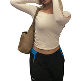 Yipinpay Women Harajuku T-shirts Fall Winter 2023 Sexy Crop Top 2000s Clothes y2k Vintage Off Shoulder Long Sleeve Top Streetwear Club