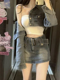 Yipinpay Denim Suit Woman Slim Casual Short Cardigan + Sexy Bodycon Y2k Mini Skirt Elegant Korean Fashion Set 2024 Spring Chic