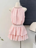 Yipinpay Two Piece Set Women Sleeveless Blouse Embroidery Lace Tank Tops Sexy Sweet Camis Ruffles Mini Skirts Female Elegant Suits