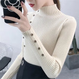 Yipinpay Women Autumn Knitted Slim Sweaters Solid Knitted Female Cotton Soft Elastic Color Pullovers Button Full Sleeve Turtleneck