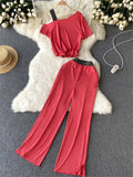 Yipinpay Vacation Casual Sports Suits Summer Off Shoulder Short Camis Tops+High Waist Wide Leg Pants Women Y2K Two Pieces Sets