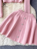 Yipinpay Japan Style Pearls Knit Suits Hidden Breasted Pockets Cardigan+Mini Pleated A Line Skirt Women Sweet Streetwear Sets