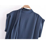 Yipinpay Blue Crop Top Women Pleated Summer Blouses Woman 2023 Tie High Neck Short Sleeve Blouse Female Elegant Chic Woman Blouse