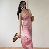 Yipinpay The Shoulder Sleeveless Sexy Blue Floral Dress Women Summer Spaghetti Strap Pink Print Robe Femme Slim Fit Chiffon Vestidos