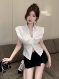 Yipinpay Sleeveless Shirts Women French Style Chic Elegant Turn Down Collar Split Summer Fashion Blouse Sexy Ladies Crop Tops