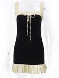Yipinpay MO 2023 Summer Patchwork Ruffles Spaghetti Strap Mini Dress Chic Sleeveless Ruched Buttons Outfit Vintage Y2K Outfits