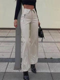 yipinpay Women's Leather Pants Zipper Leather Trousers Striaght Black Pant Solid High Waist Streetwear White Pu Faux Leather Pant
