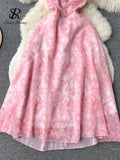 Yipinpay Spaghetti Strap Hollow Out Sexy Long Dress Women Sleeveless Elastic Vacation Chiffon Floral Print Beach Sundress
