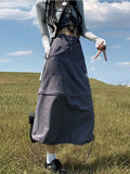 Yipinpay Vintage 90s Cargo Skirt Long Women Autumn Casual High Waist Detachable Patchwork A-line Midi Dress Korean Streetwear