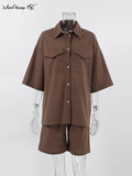 Yipinpay Office Ladies Cotton Linen Sets Women 2 Piece Sets Summer 2023 Brown High Waist Shorts Suits Lapel Top Casual Outfit