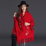 Yipinpay Winter Can Wear Shawl Scarf Dual-use Embroidery With Sleeves Wool Cashmere Thick Tassel Cloak Female