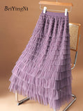 yipinpay Fashion Luxury Elegant Fairy Long Maxi Skirt Women Mesh Layers Pleated Korean Cupcake Skirts for Woman Faldas 96cm