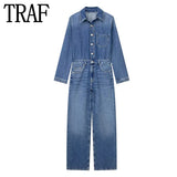 Yipinpay Blue Denim Jumpsuit Women Elegant Long Jumpsuits Woman 2023 Long Sleeve Jean Woman Jumpsuit Straight Leg Summer Overalls