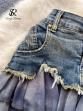 Yipinpay Fashion Sexy Mini Skirt Women Chiffon Ruffled Edge Patchwork Denim Skirts American Vintage A Line Hotsweet Skirt