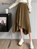 Yipinpay Women's Midi Pleated Skirt Asymmetrical Slim Elastic Waist Vintage Korean A-line Skirts 2023 Fashion Black Chic Skirt