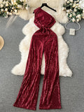 Yipinpay American Retro Sequin Jumpsuit Diagonal Collar Solid Long Wide Legs Pants Romper Elegant Backless Sexy Party Jumpsuits