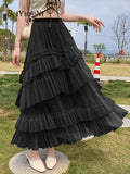 yipinpay Women's Tulle Tutu Skirt Irregular Mesh Princess Fairy Pleated Long Cake Skirts Korean Fashion Kawaii Chic Dance Skirt