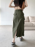 Yipinpay Grunge Cargo Skirt Long Women Acubi Fashion High Waist Drawstring Vintage Y2k Pocket Patchwork A-line Skirt Streetwear