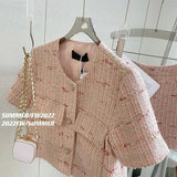 Yipinpay Sets 2 Piece Sets Womens Outifits O Neck Pink Tweed Jacket Femme Crop Cardigan Tops Korean Coat Short Pant Suit