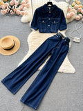 Yipinpay Streetwear Denim Two Pieces Sets Women Short Sleeves Retro Top+Wide Legs Long Pants 2024 Fashion Korean Vintage Suits