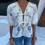 Yipinpay Flower Printing Puff Sleeve Shirts For Women Fashion Lace-up V-neck Short Blouse Female 2024 Summer Elegant Cropped Tops