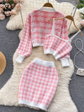 Yipinpay Fashion Plaid Knitted Three Pieces Suits Autumn Button Cardigan Top+Mini Camis+Elastic Short Skirt Women Sweater Sets