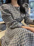 Yipinpay Houndstooth Long Sleeve Pockets O-Neck Single Button Korea Loose Fit Vintage Winter Mid-Calf Dress