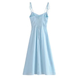 Yipinpay Women French Style Light Blue Front Slit Sling Dresses Sexy Sleeveless High Waist Female Holiday Summer Chiffon Dress