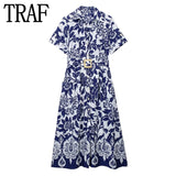 Yipinpay Blue Floral Shirt Dress Woman Vintage Print Long Dress Women Short Sleeve Elegant Chic Women Dresses Casual Summer Dresses