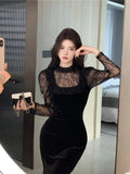 Yipinpay Vintage Elegant Dresses Women Lace Ruffles Patchwork Velvet Long Sleeve Slim Stretch Split Temperament Dress Ladies Black