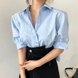 Yipinpay Pleated Loose White Doll Shirt Puff Sleeve Lapel Blouse Lady Casual Wild Camisa Blusas Mujer De Moda Blue Irregular Shirt